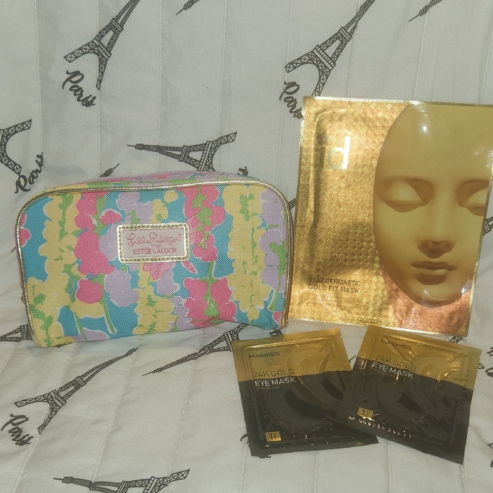 Lilly Pulitzer Floral Cosmetic Bag and Gold Fit Mask, 2 24 Gold Eye Mask